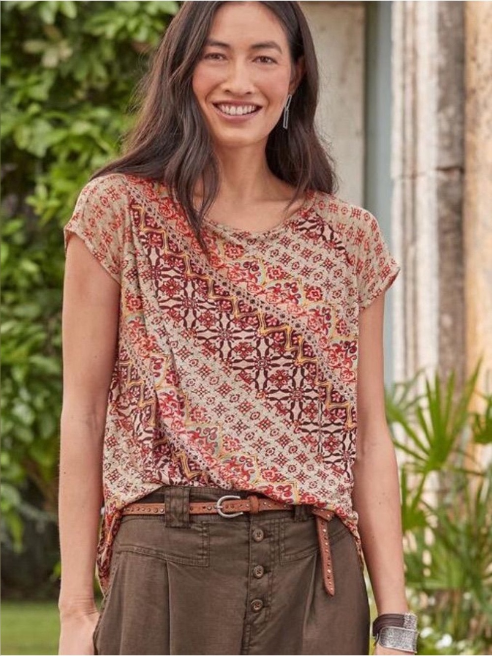 Sundance Josette Linen Boho Printed Short Sleeve Tee